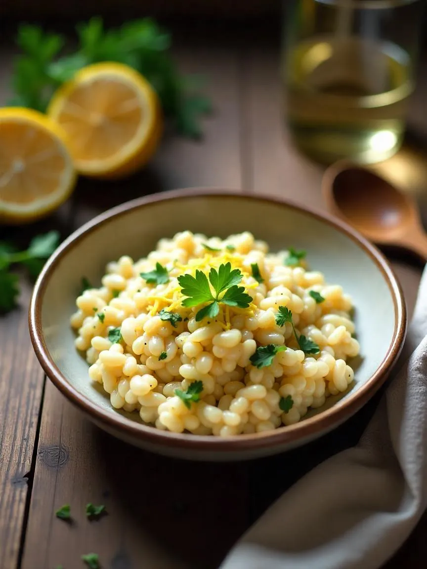 Creamy lemon herb risotto served in a shallow bowl, garnished with fresh herbs and lemon zest for a bright, elegant presentation.
