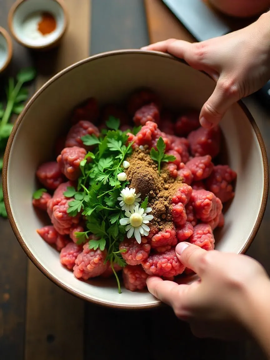 Hands mixing ground meat, herbs, onions, and spices in a bowl to prepare the lula kebab mixture.