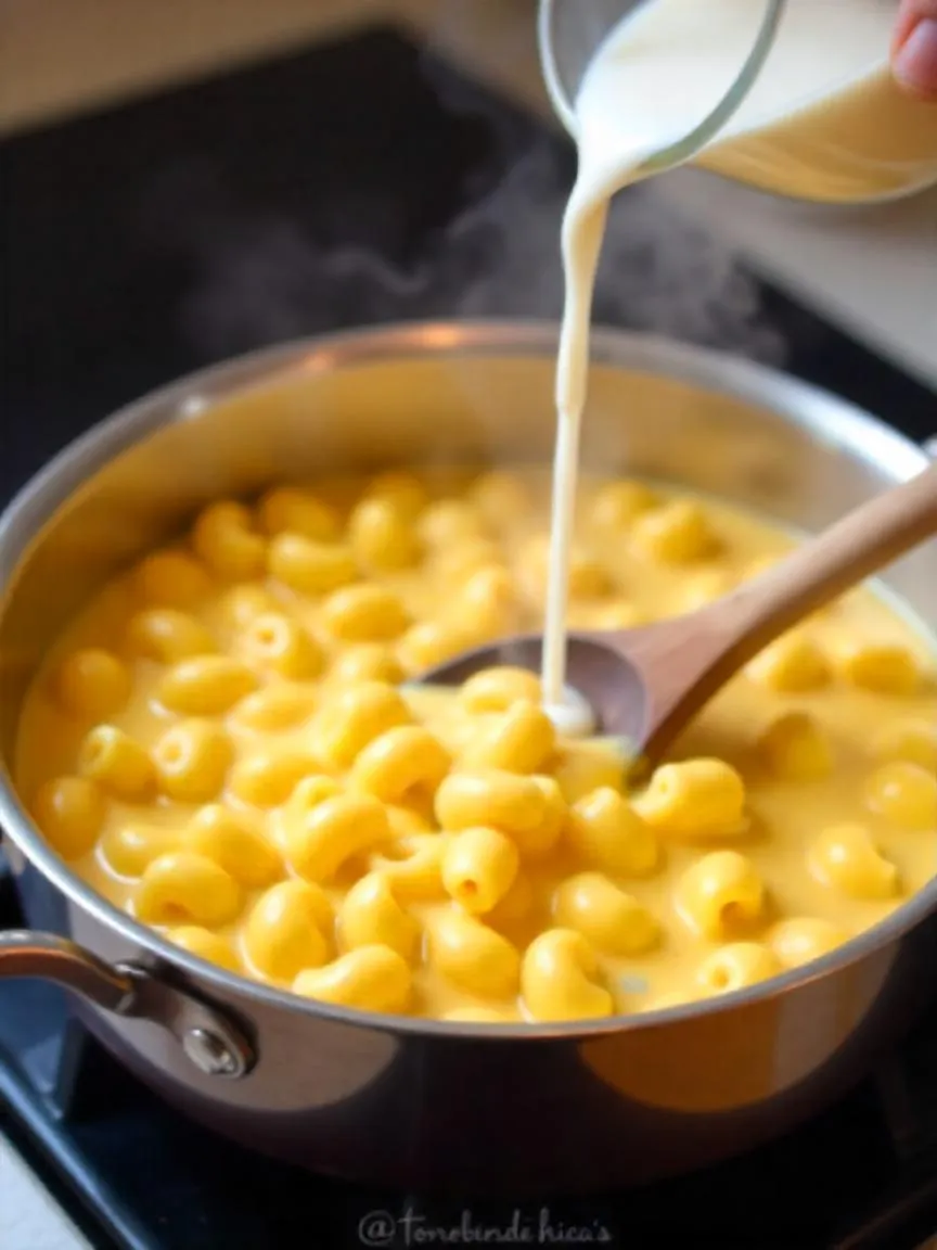 Warm macaroni and cheese being stirred in a saucepan with milk to restore creaminess, as steam rises in a cozy kitchen setting. 