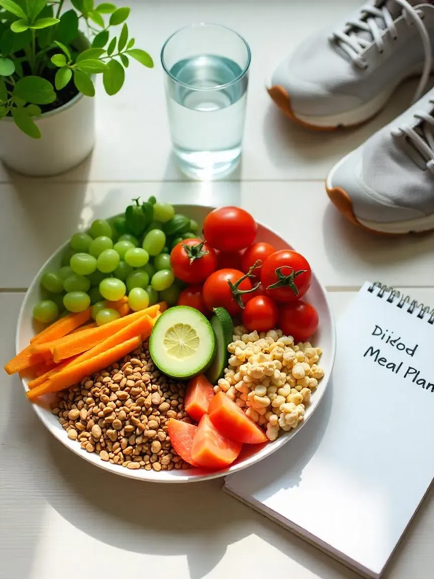 Healthy habits after detox: balanced meal, water, walking shoes, and a meal plan notepad on a wooden table.

