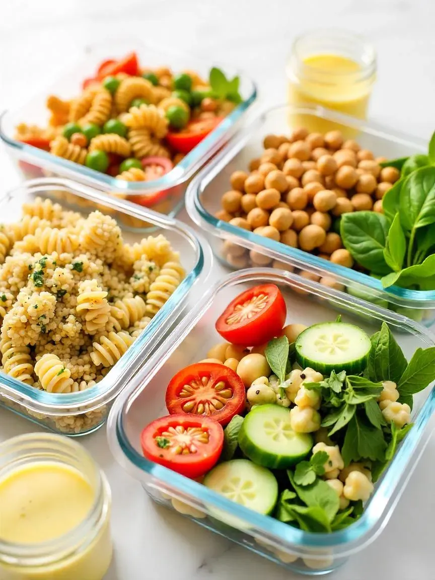Make-ahead salads: pasta salad, quinoa salad, bean salad in glass containers with jars of dressing on a kitchen counter.

