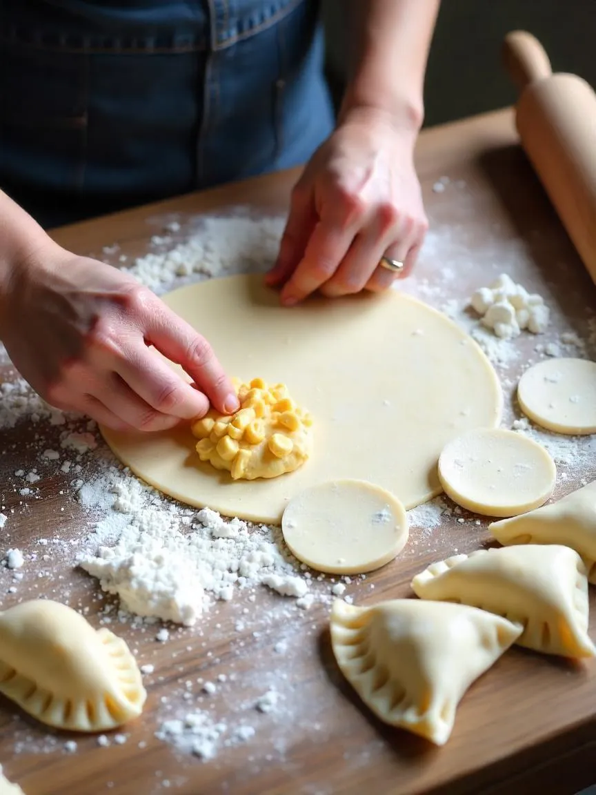 Step-by-step process of making Polish pierogies, showing dough circles being filled, folded, and sealed by hand on a floured surface.