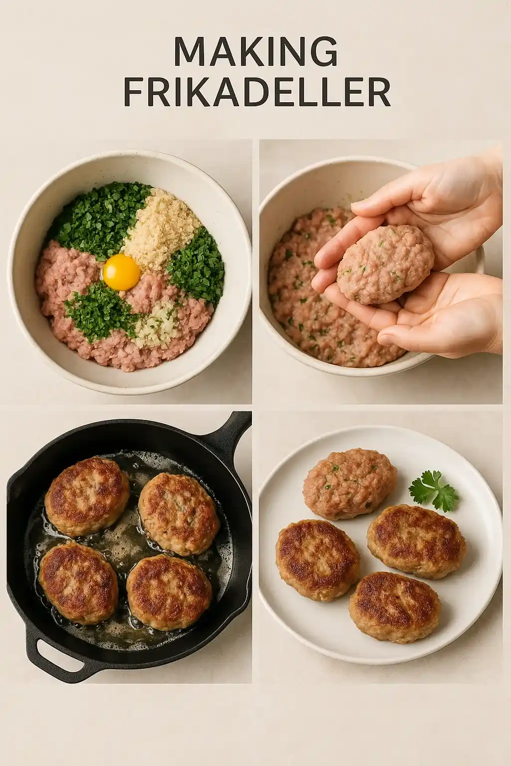 Step-by-step ingredients and instructions for making traditional Danish frikadeller meat patties.