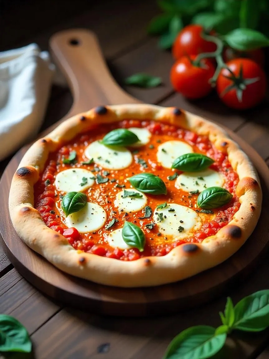 A freshly baked Margherita pizza with melted mozzarella, tomato sauce, and fresh basil leaves, served on a wooden board.