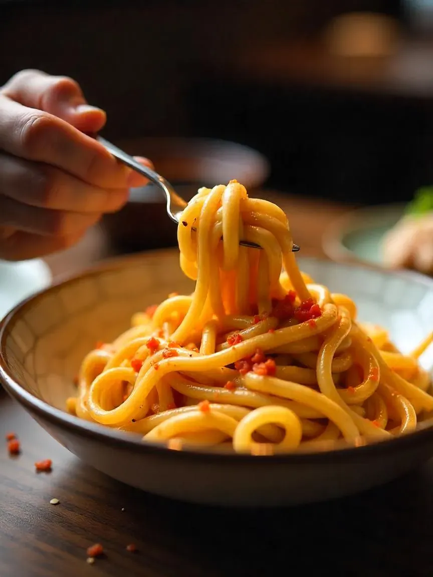 Visual recipe guide showing how to prepare mentaiko pasta with fish roe, butter, and soy sauce.