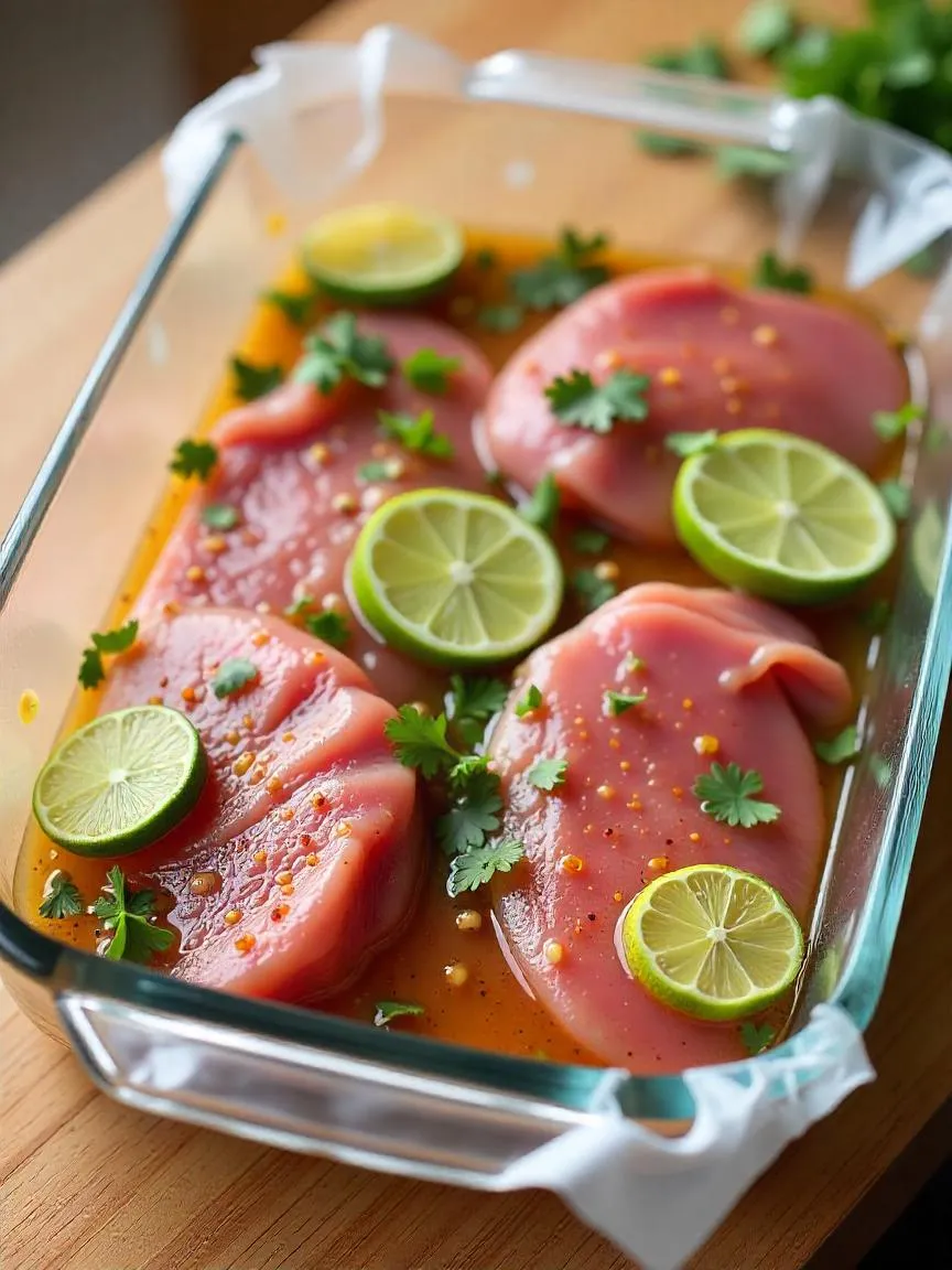 Raw meat marinating with lime, garlic, cilantro, and spices in a glass dish on a wooden countertop.

