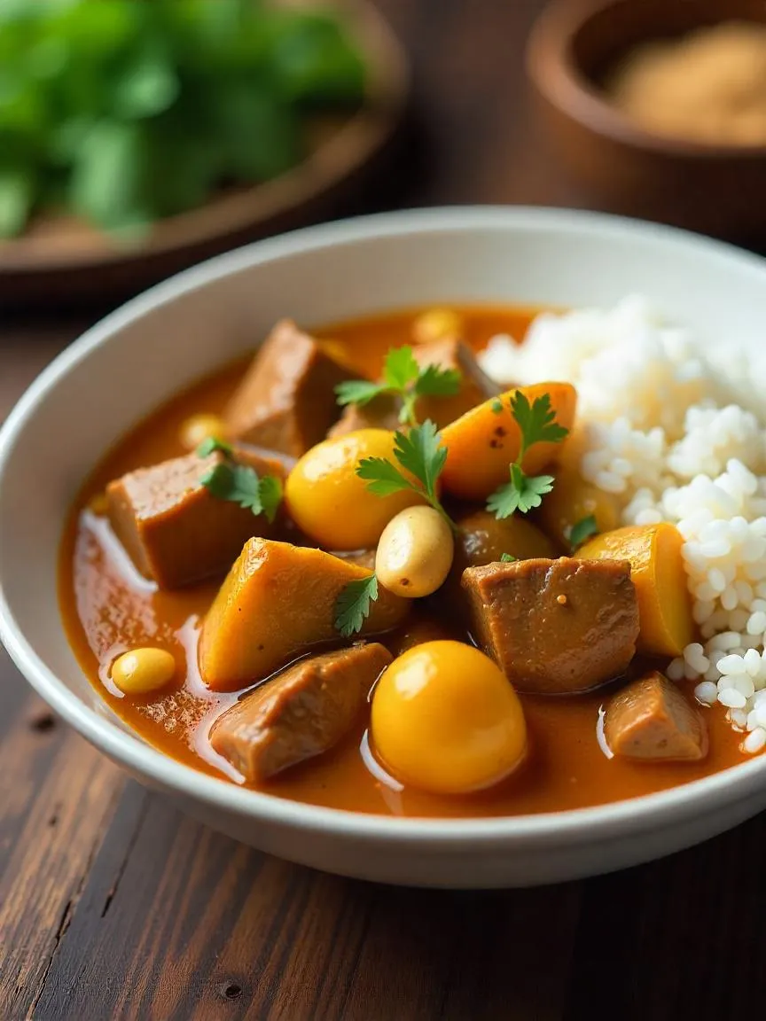Bowl of Massaman Curry with beef, potatoes, onions, peanuts, and creamy coconut curry sauce, served with jasmine rice.

