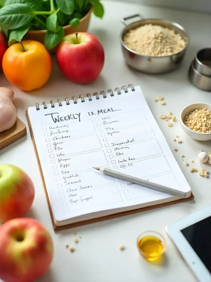 An organized meal planning setup with a weekly planner, fresh produce, proteins, grains, and kitchen tools on a bright kitchen table.