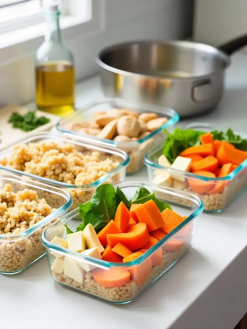 A kitchen scene with healthy batch-cooked meals in glass containers, fresh chopped vegetables, grains, proteins, and cooking tools on a countertop.