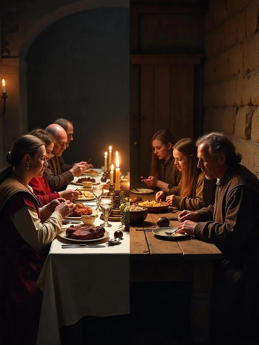 Photorealistic split-scene showing the stark contrast between medieval noble feasting and simple peasant meals, emphasizing class-based food differences.