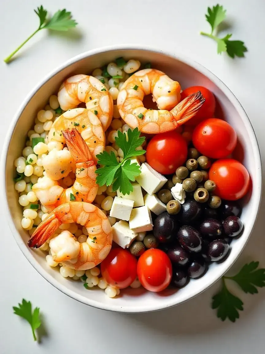 Mediterranean couscous bowl with grilled shrimp, tomatoes, feta, olives, capers, and parsley.