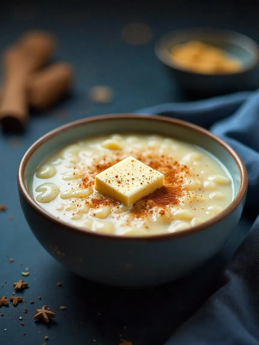 Traditional Danish risengrød with a swirl of cinnamon and a pat of golden butter melting on top.