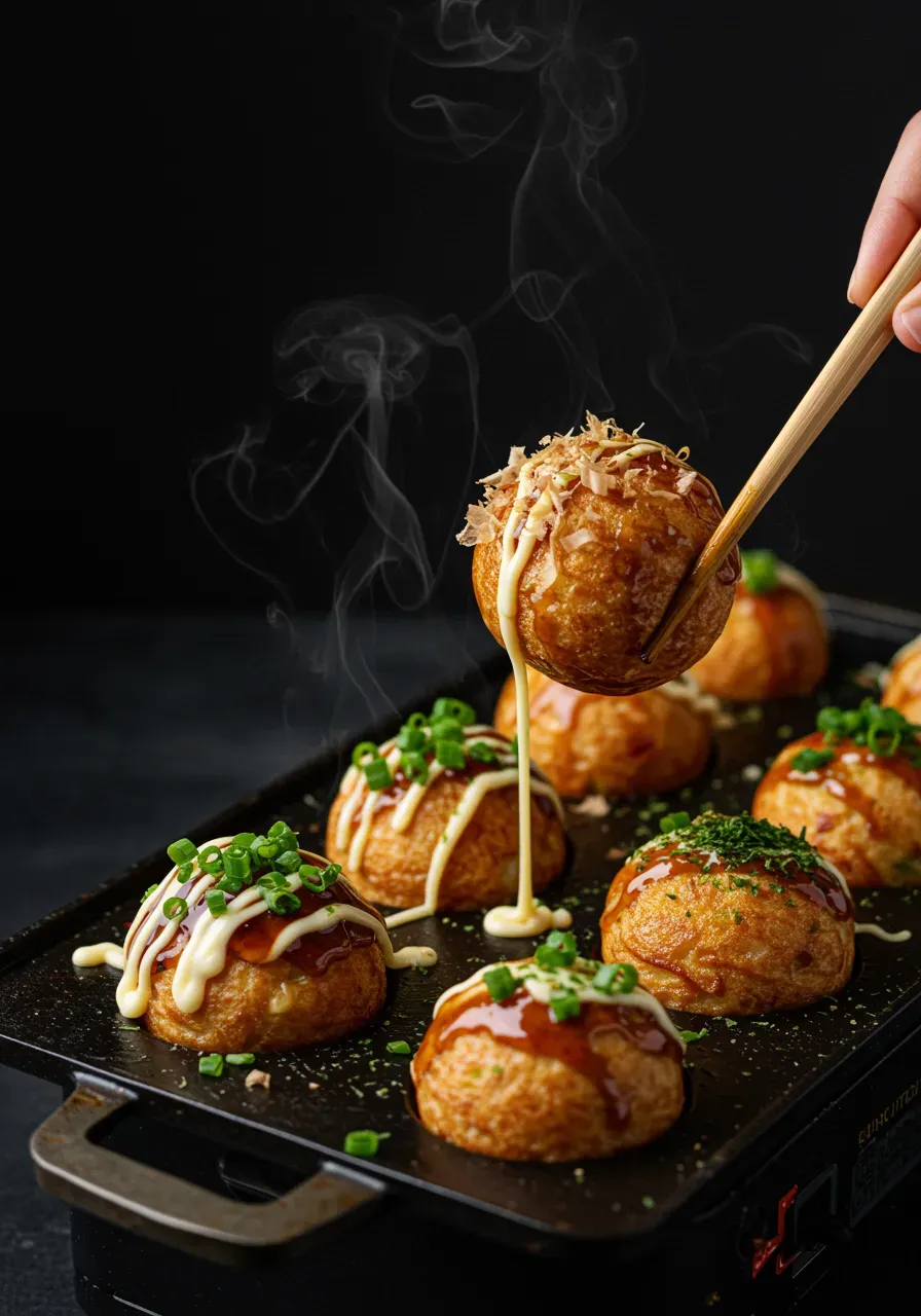 Homemade takoyaki recipe ingredients and cooking stages illustrated, highlighting the golden crispy exterior and creamy inside topped with traditional Japanese sauces.