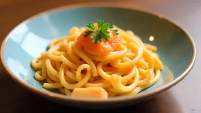 Creamy mentaiko pasta garnished with chopped green onions and shredded nori on a white plate.