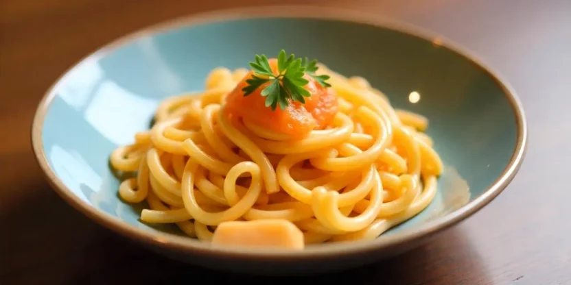Creamy mentaiko pasta garnished with chopped green onions and shredded nori on a white plate.