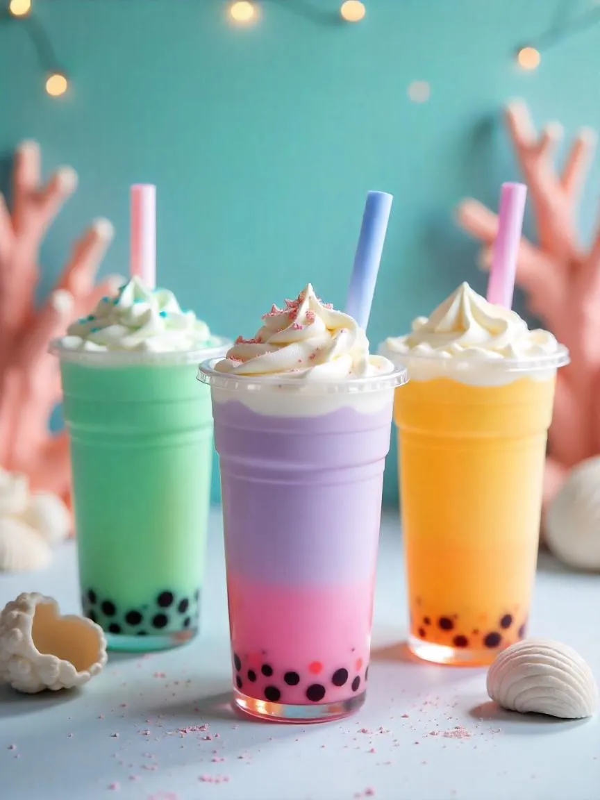 Vibrant mermaidcore bubble teas with colorful pearls, whipped toppings, and pastel straws on a sea-inspired café table with glowing ocean décor