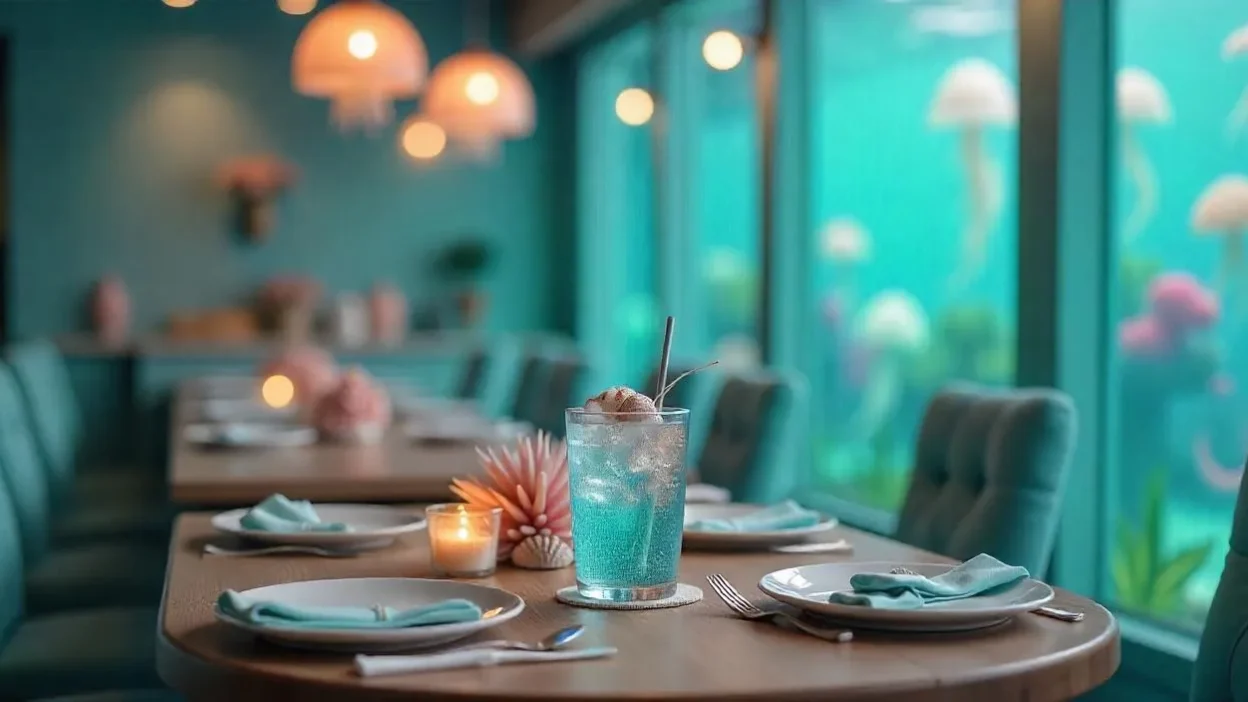Mermaidcore café interior with pastel colors, glittery drink, seashell decor, and ambient lighting that creates a dreamy underwater atmosphere