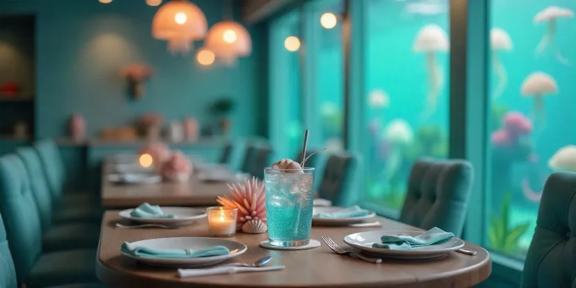 Mermaidcore café interior with pastel colors, glittery drink, seashell decor, and ambient lighting that creates a dreamy underwater atmosphere