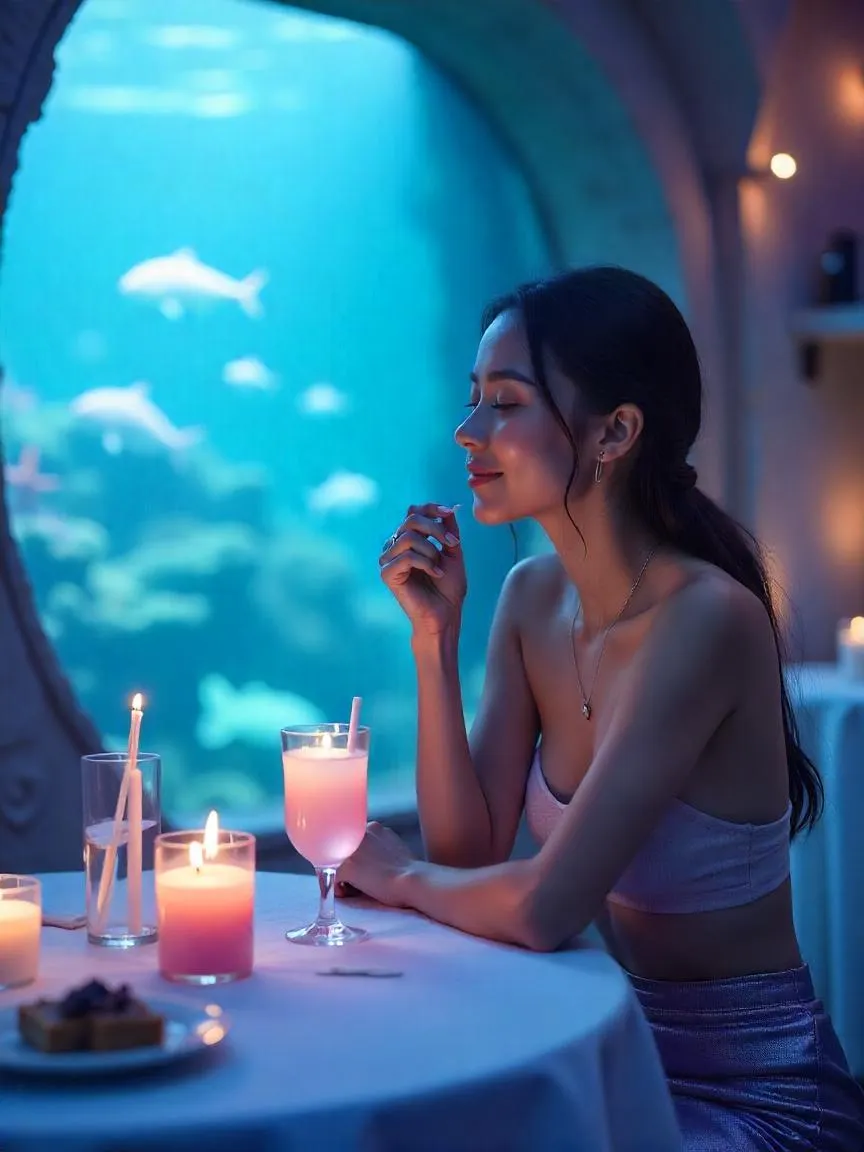 Relaxed guest in a mermaidcore café enjoying a shimmering drink, surrounded by soft lighting, sea-inspired décor, and a tranquil underwater atmosphere