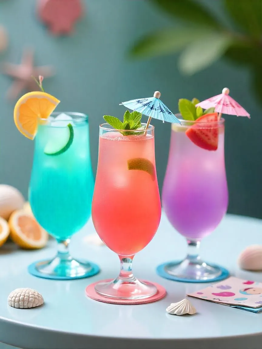Colorful mermaidcore mocktails with pastel ocean hues, edible glitter, fruit garnishes, and seashell-themed décor on a dreamy café table