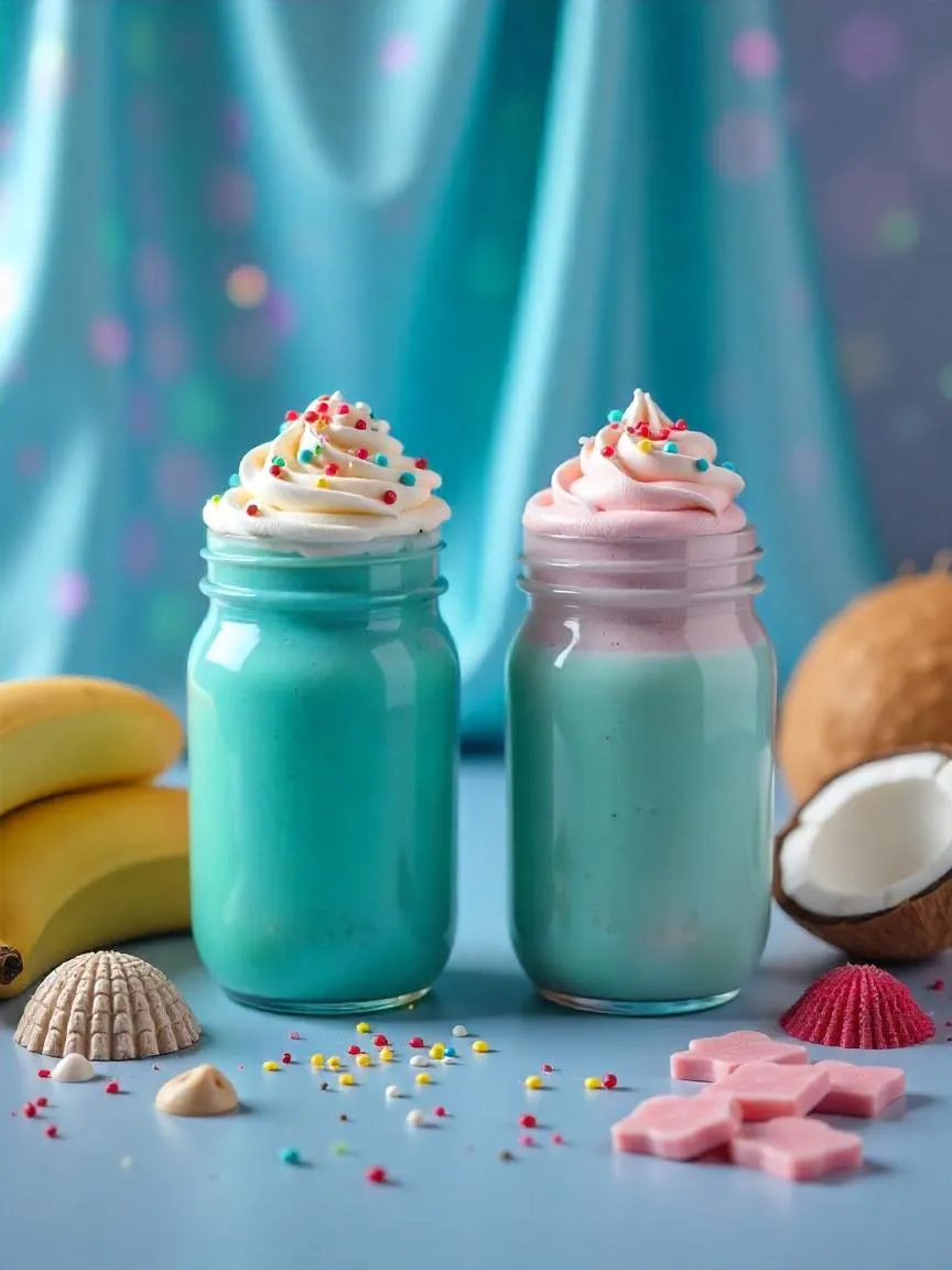 Colorful undersea smoothies in blue and violet shades with whipped cream, pearls, and sprinkles on a pastel café table with seashell décor