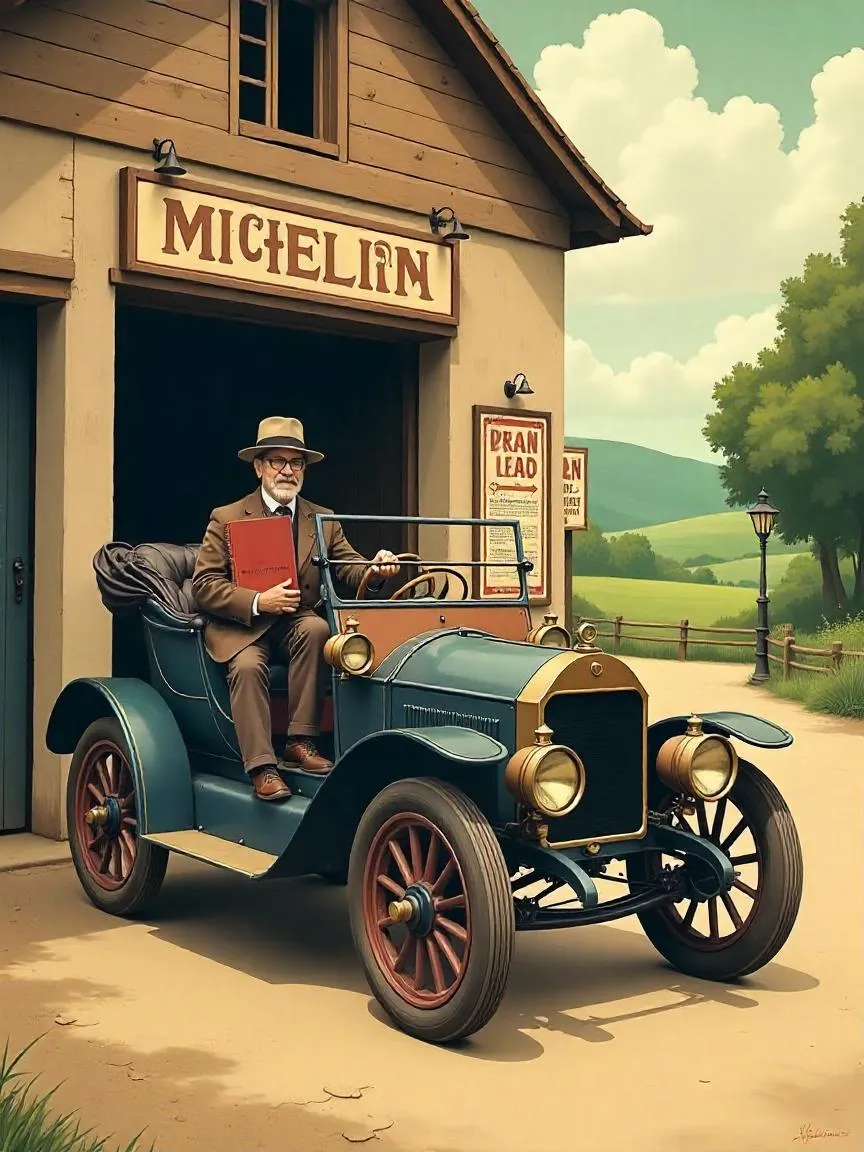 Vintage French scene of a motorist with an early Michelin Guide beside a countryside inn and tire shop in the 1900s.