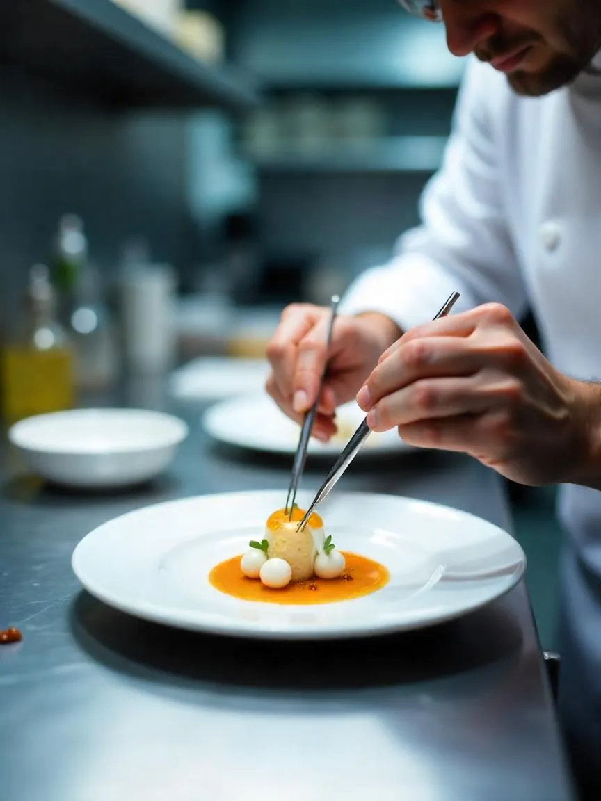 Chef plating an experimental molecular gastronomy dish in a sleek test kitchen using modern culinary tools and techniques.