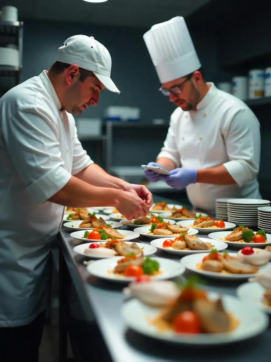 Chefs managing sourcing and precision prep in a Michelin kitchen: receiving fresh ingredients, using digital tools, and plating consistent dishes.