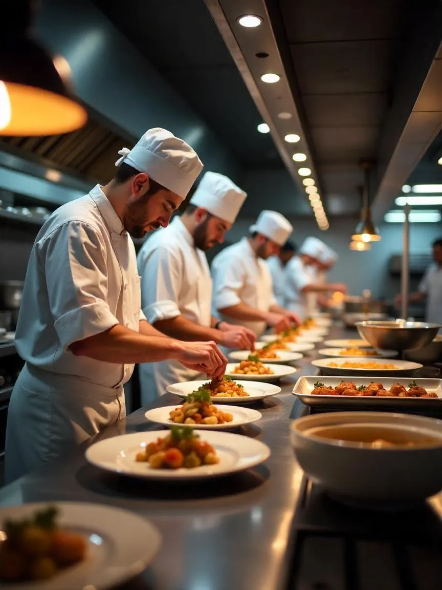Team of chefs working in synchronized motion inside a Michelin-starred kitchen during dinner service, showing intensity and discipline.