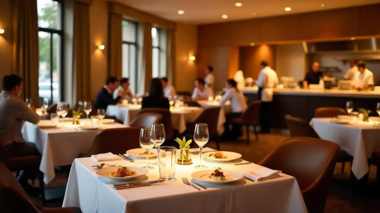 Elegant Michelin-starred restaurant with refined plating, warm lighting, and chefs working in an open kitchen during a fine dining service.