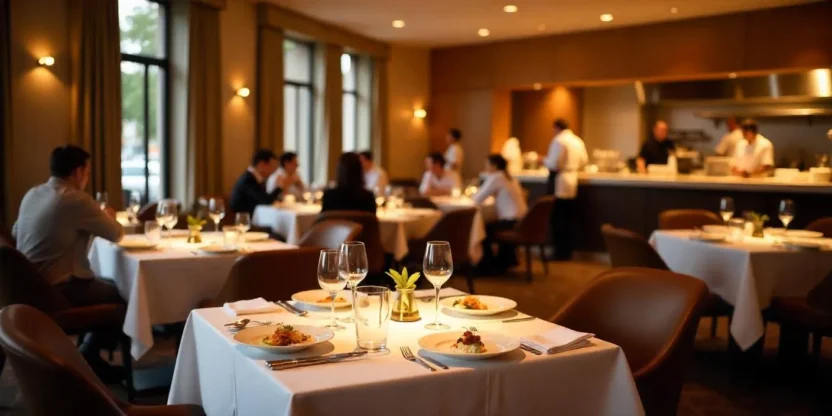 Elegant Michelin-starred restaurant with refined plating, warm lighting, and chefs working in an open kitchen during a fine dining service.