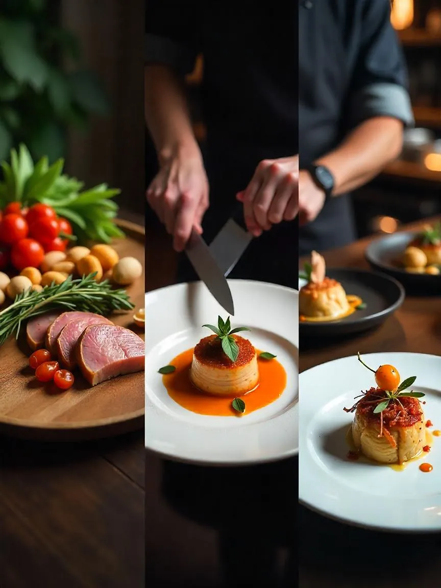 Collage of fine dining scenes showing ingredient quality, chef technique, flavor harmony, creativity, and plating consistency in a Michelin-level kitchen.