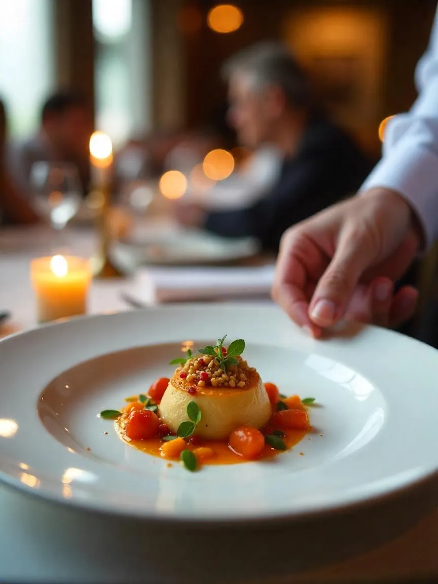 Artfully plated Michelin-starred dish being served in an elegant fine dining setting with warm lighting and luxurious atmosphere.