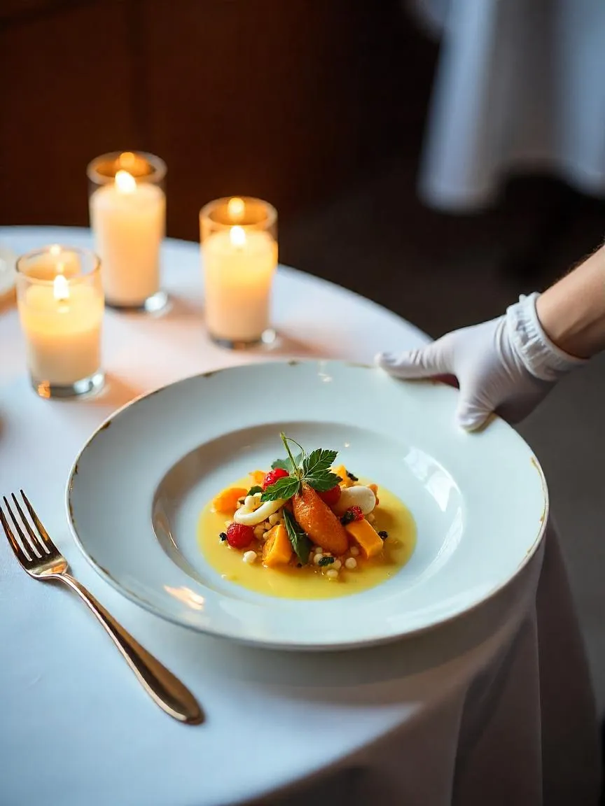 Server placing an artfully plated tasting menu dish on a white-linen table at a Michelin-starred restaurant with elegant candlelit ambiance.