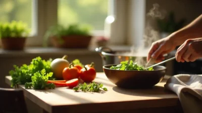A calm rustic kitchen scene with vegetables, herbs, and a pot on a wooden table, capturing the essence of mindful cooking.