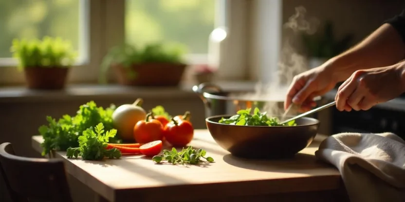 A calm rustic kitchen scene with vegetables, herbs, and a pot on a wooden table, capturing the essence of mindful cooking.