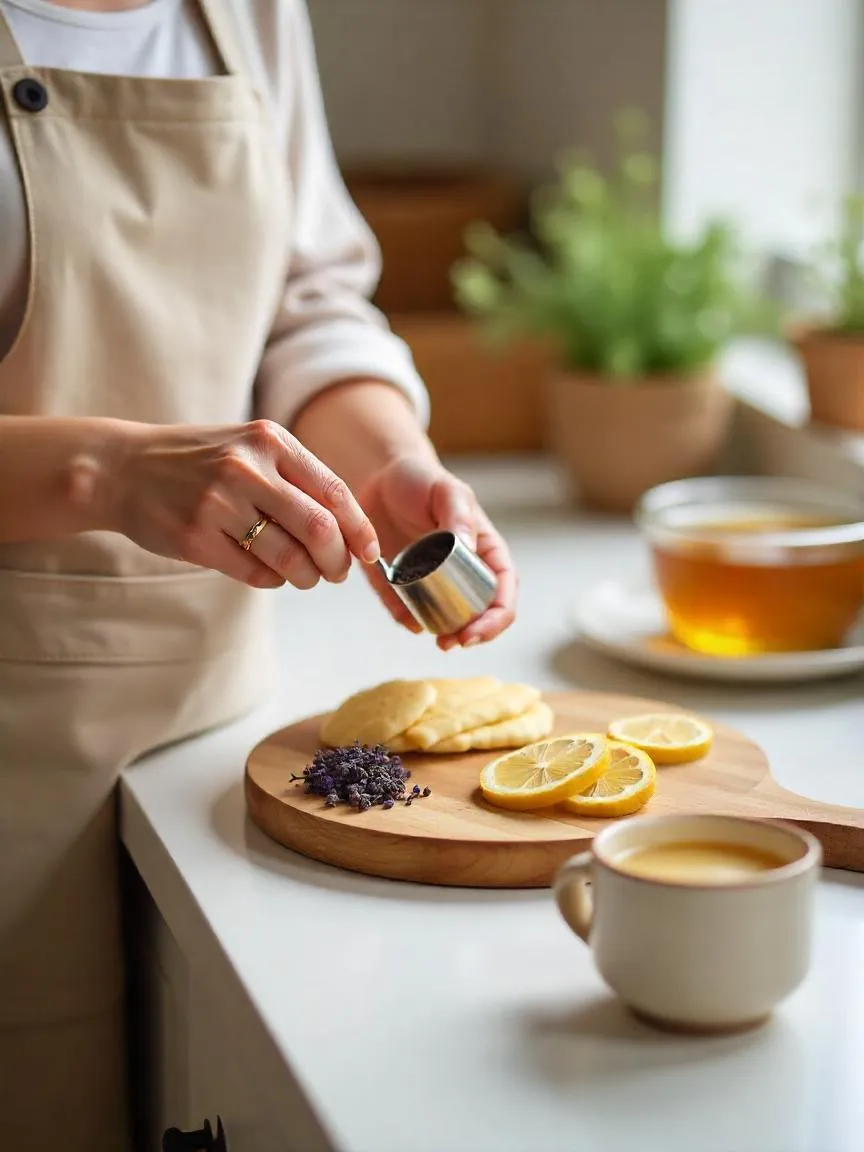 Person calmly preparing food with lavender, lemon, and honey on a tidy wooden counter, reflecting the relaxing and mindful benefits of calm cooking