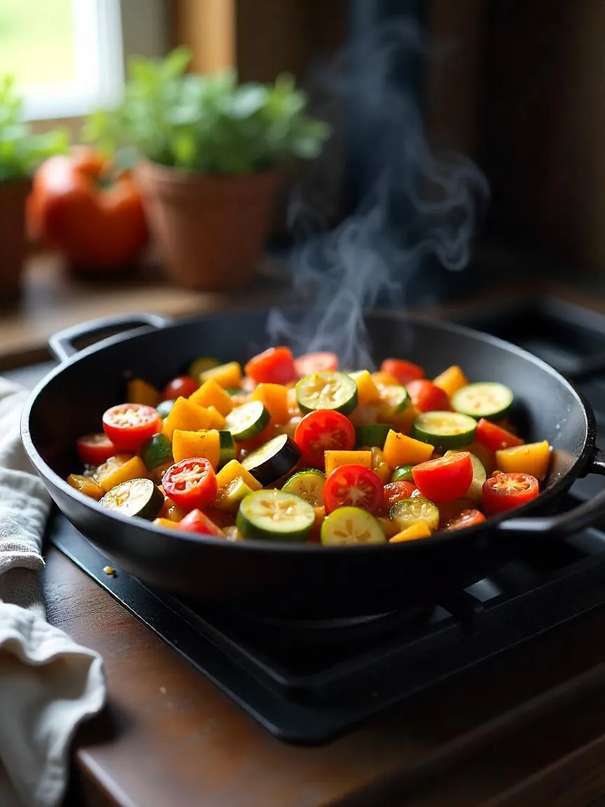 A colorful stovetop ratatouille featuring sliced zucchini, eggplant, bell peppers, and tomatoes simmered in a rich sauce, served in a rustic skillet.