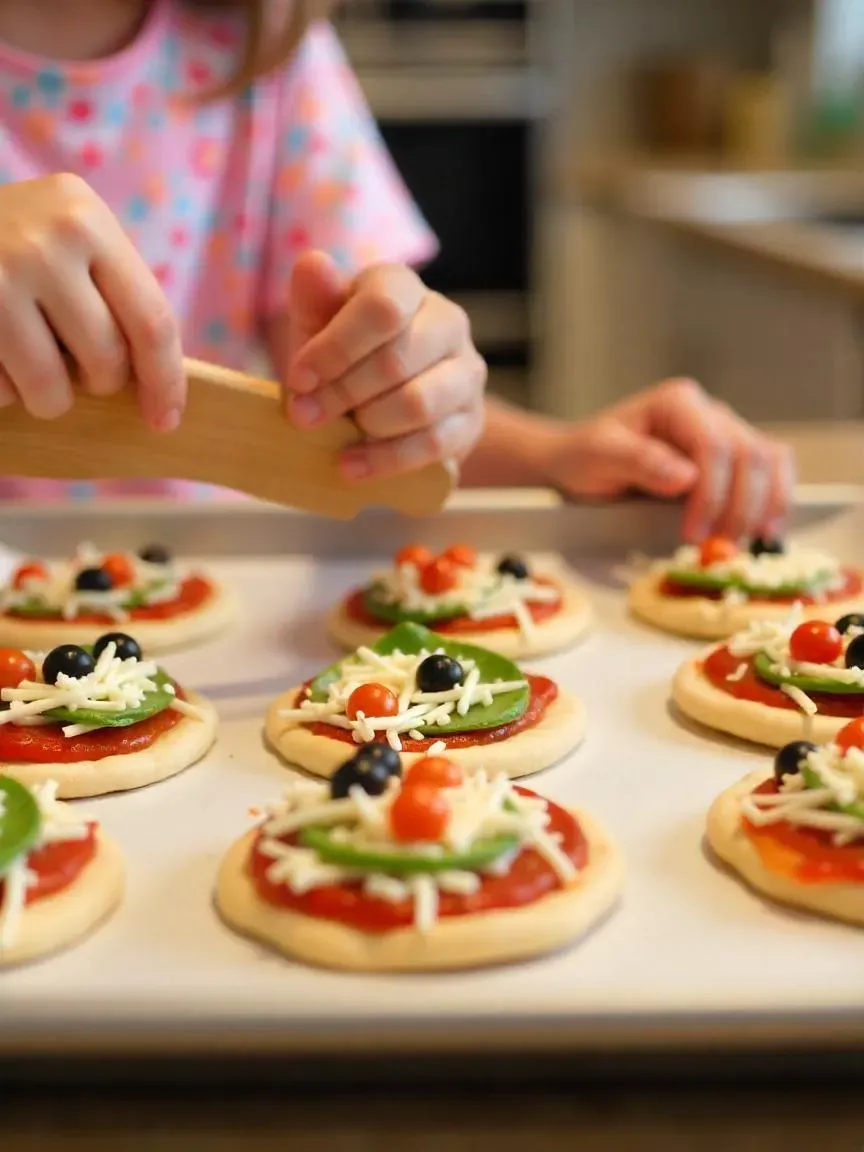 Child making mini pita pizzas with tomato sauce, mozzarella cheese, and fresh vegetable toppings on a baking sheet.

