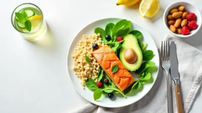 Flat-lay of a healthy model-style meal with salmon, greens, quinoa, infused water, and snacks.