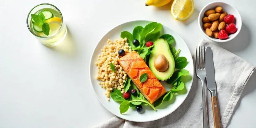 Flat-lay of a healthy model-style meal with salmon, greens, quinoa, infused water, and snacks.