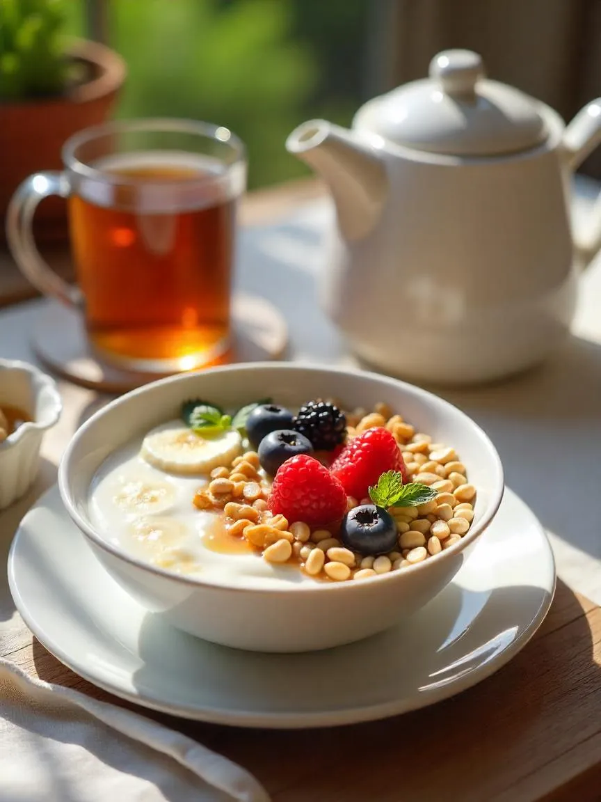 Healthy model-style breakfast with yogurt, oatmeal, and tea.