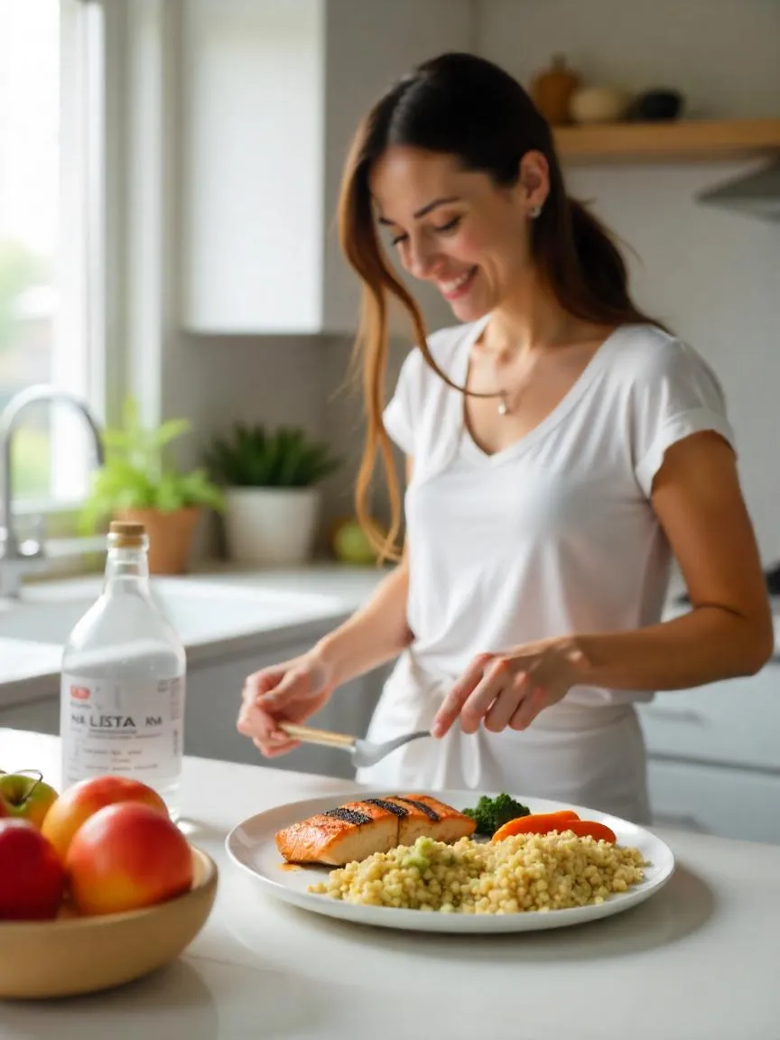 A model-style meal with grilled fish, quinoa, and vegetables in a sleek kitchen setting.