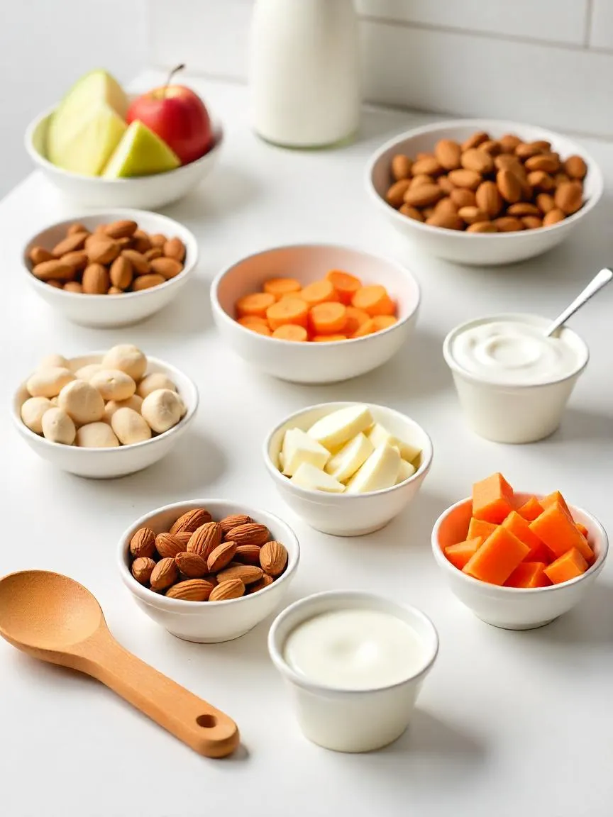 Healthy snacks for models, including nuts, yogurt, and fruits.