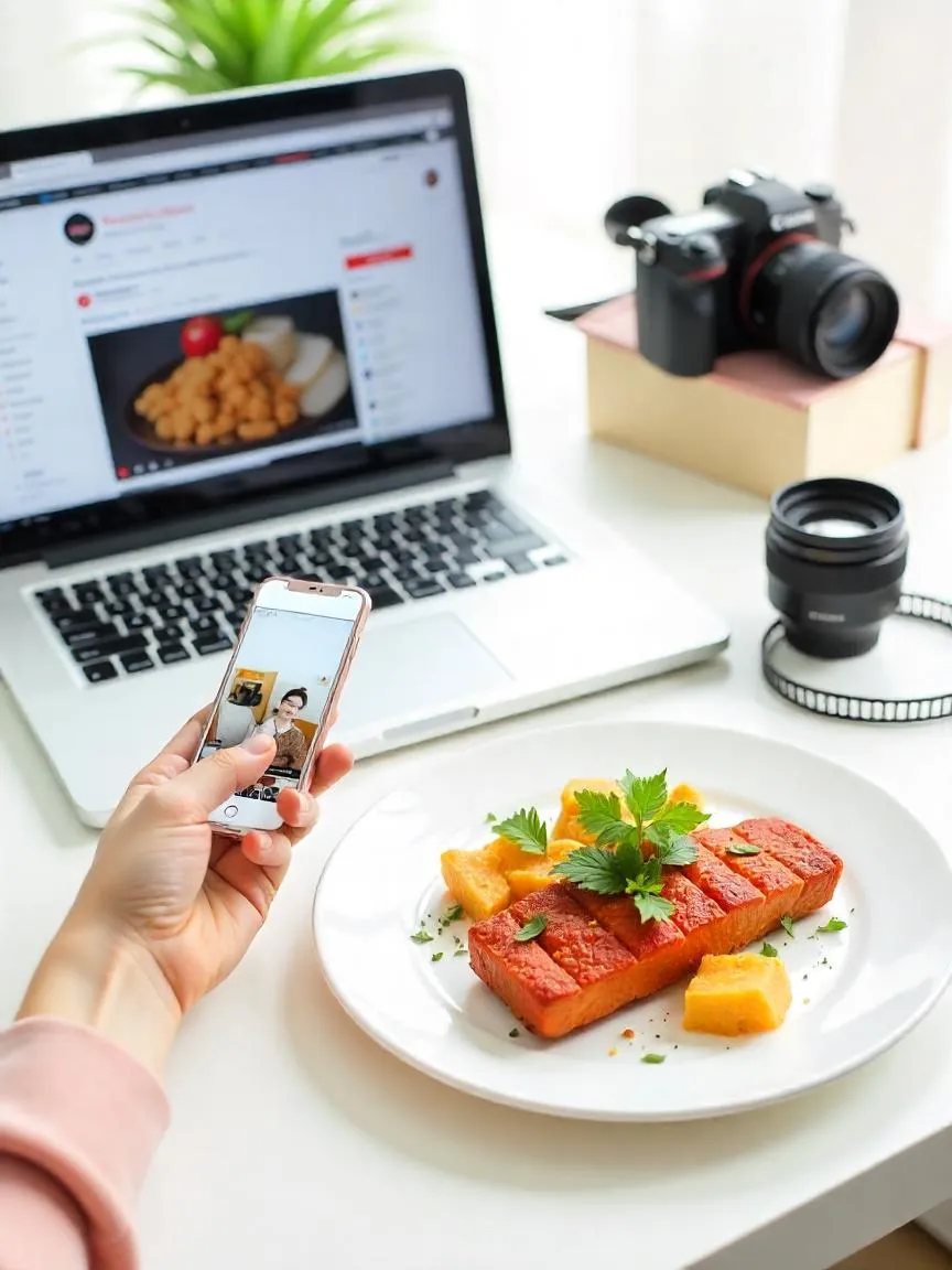 Flat lay of a food blogger’s creative setup with a laptop, camera, styled dish, and mobile content tools showing the food blogging world.