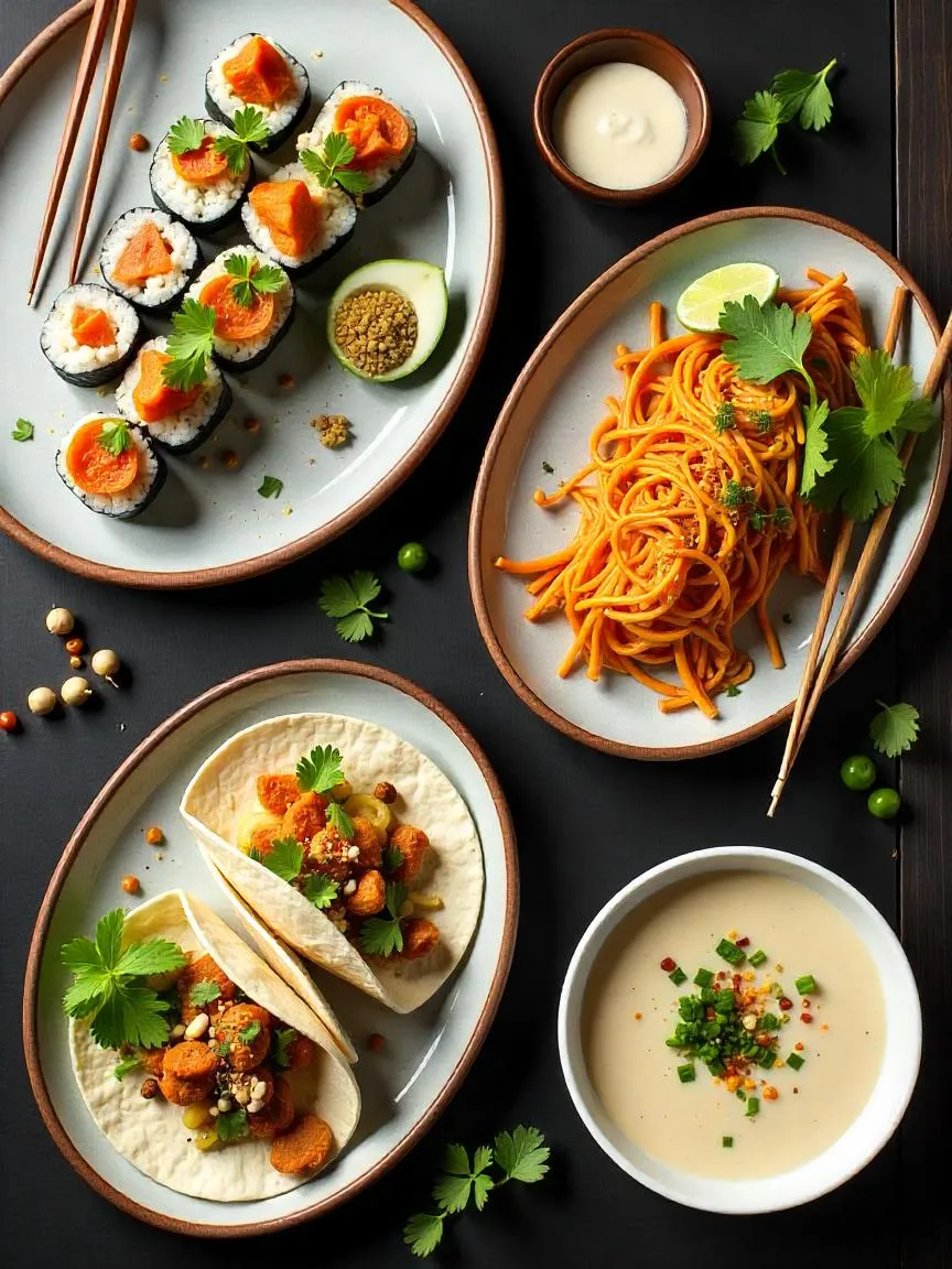 Modern fusion versions of global dishes like vegan sushi and kimchi ramen served creatively on a minimalist table.