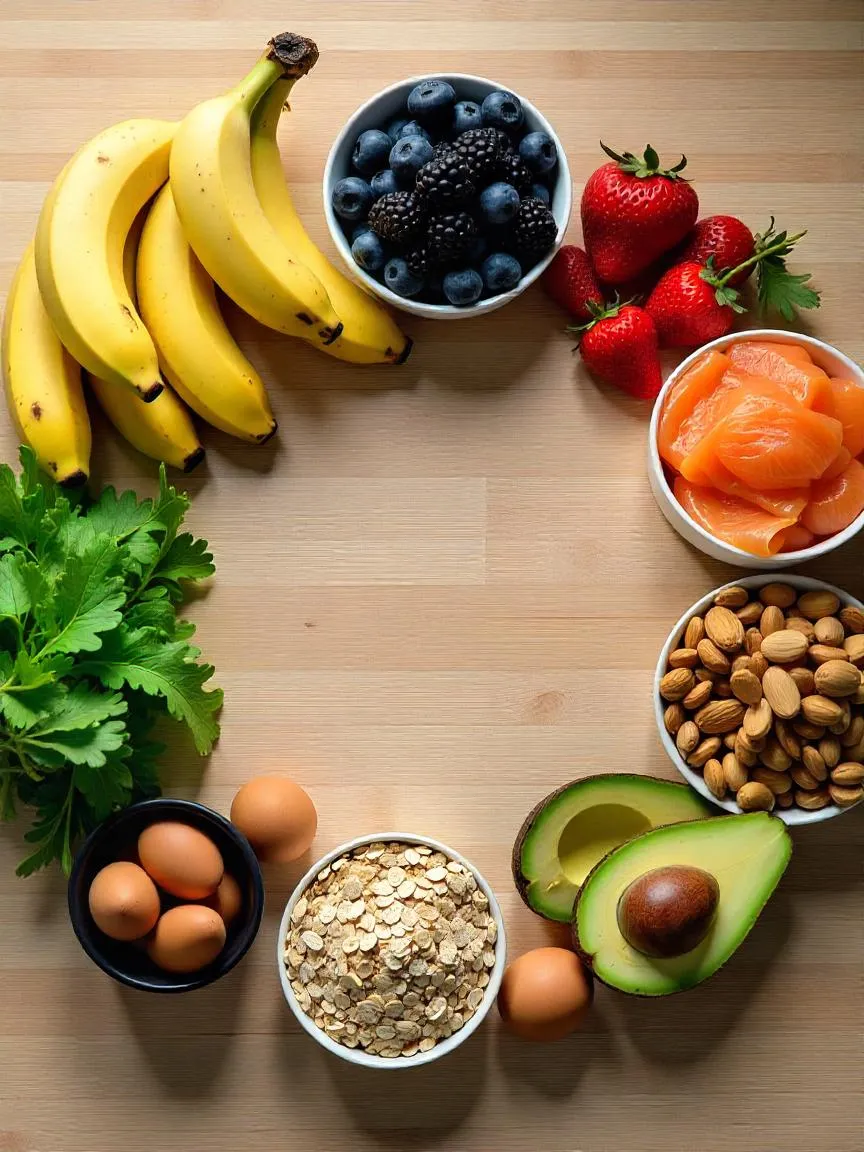 Top view of mood-boosting ingredients including bananas, berries, oats, nuts, salmon, avocado, and leafy greens arranged in a circle on a wooden table.