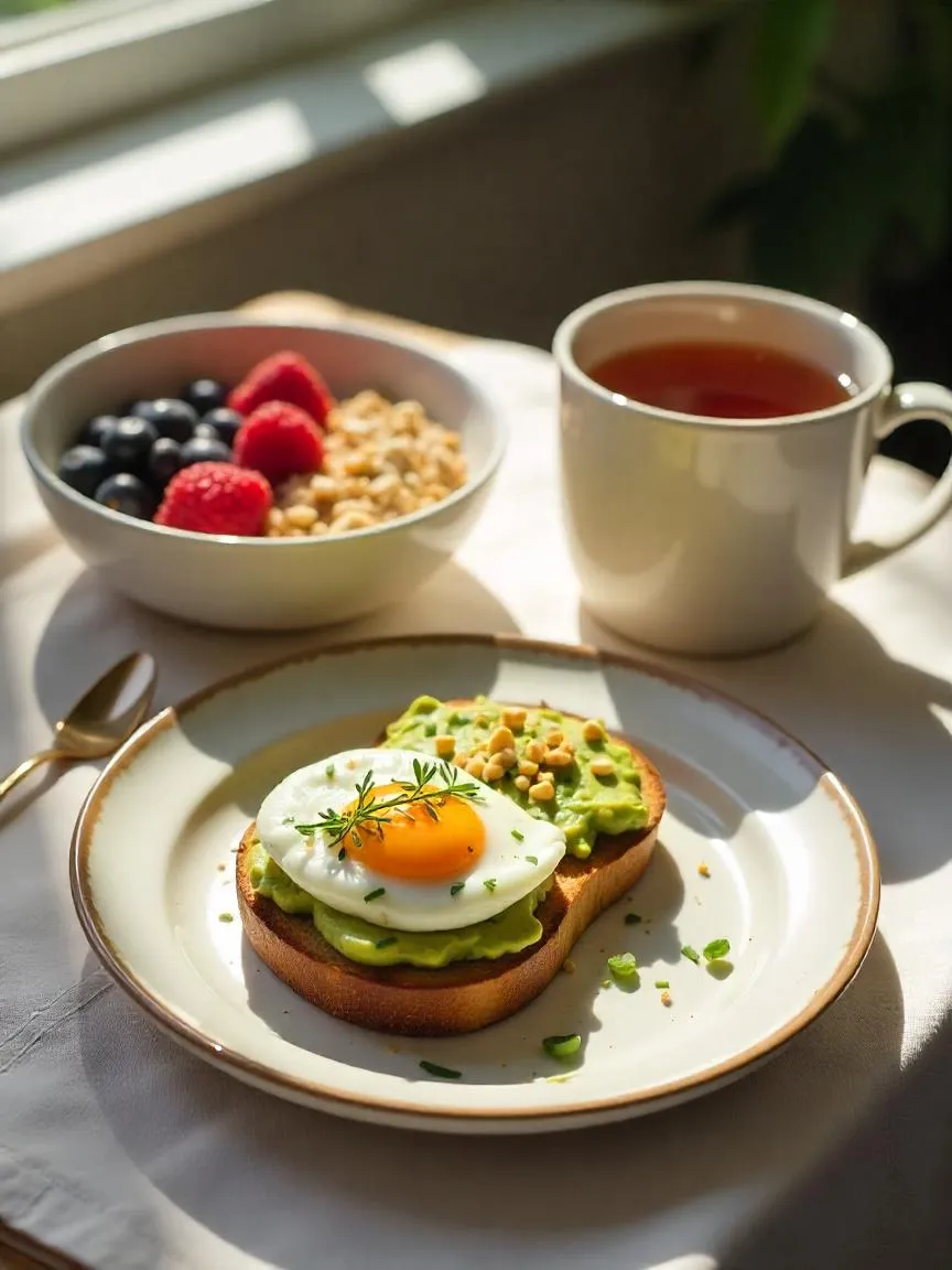 Avocado toast with egg and a bowl of oatmeal with berries and nuts on a sunlit table, creating a warm, mood-boosting breakfast scene.