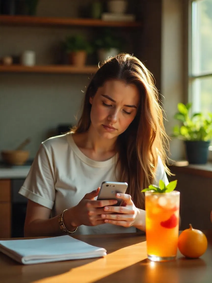 A tired woman sitting at a messy desk with fast food and a healthy detox drink beside her, symbolizing the contrast between unhealthy habits and better wellness choices.