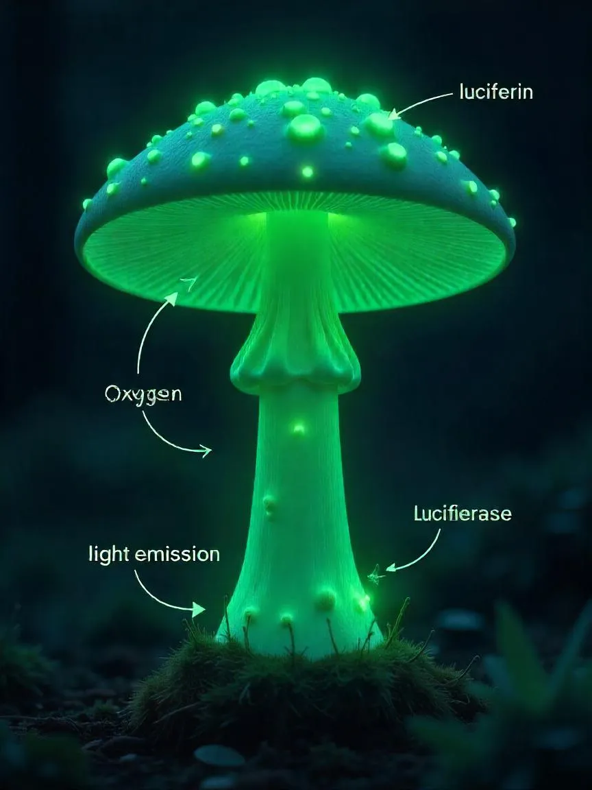 Diagram explaining how mushrooms glow through a chemical reaction involving luciferin and oxygen.